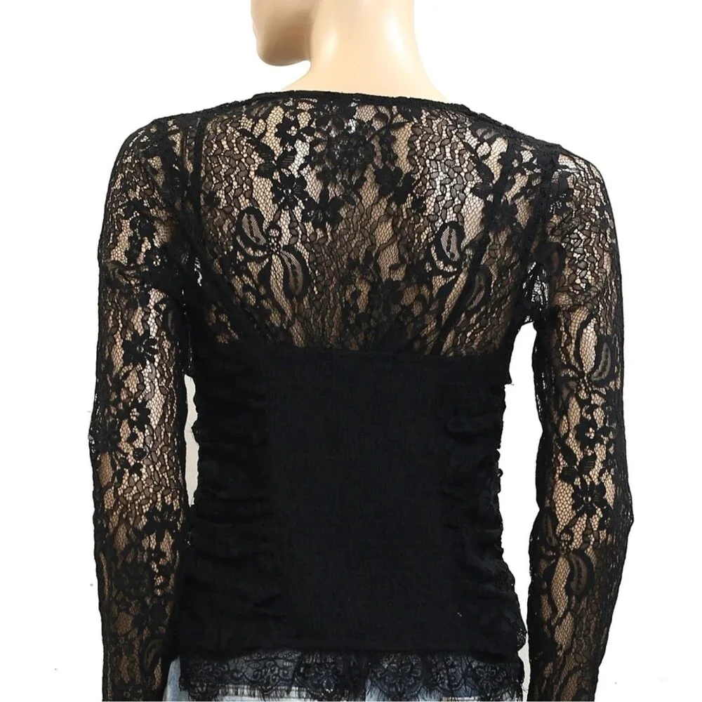 Free People Paloma Lace Blouse Top Long Sleeve Ruched Sheer Black S NEW 282135